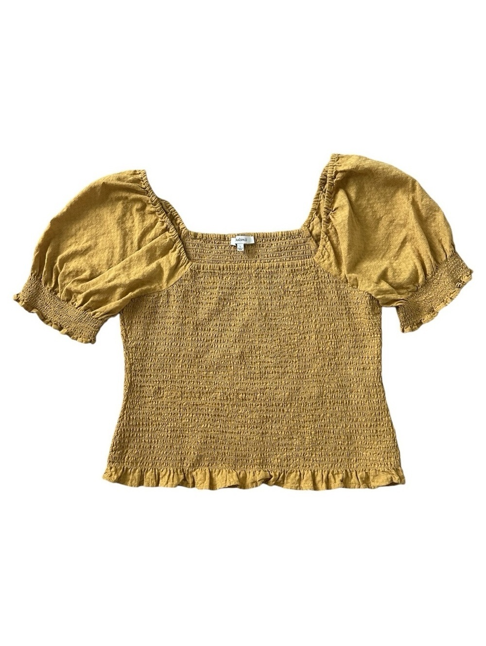 MADEWELL Large Lucie Puff Sleeve Smocked Bodice Top in mustard yellow